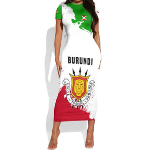 Burundi Flag Short Sleeve Bodycon Dress with National Emblem and Motto Unité Travail Progres
