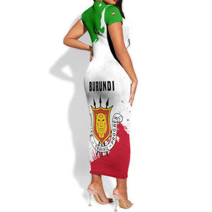 Burundi Flag Short Sleeve Bodycon Dress with National Emblem and Motto Unité Travail Progres
