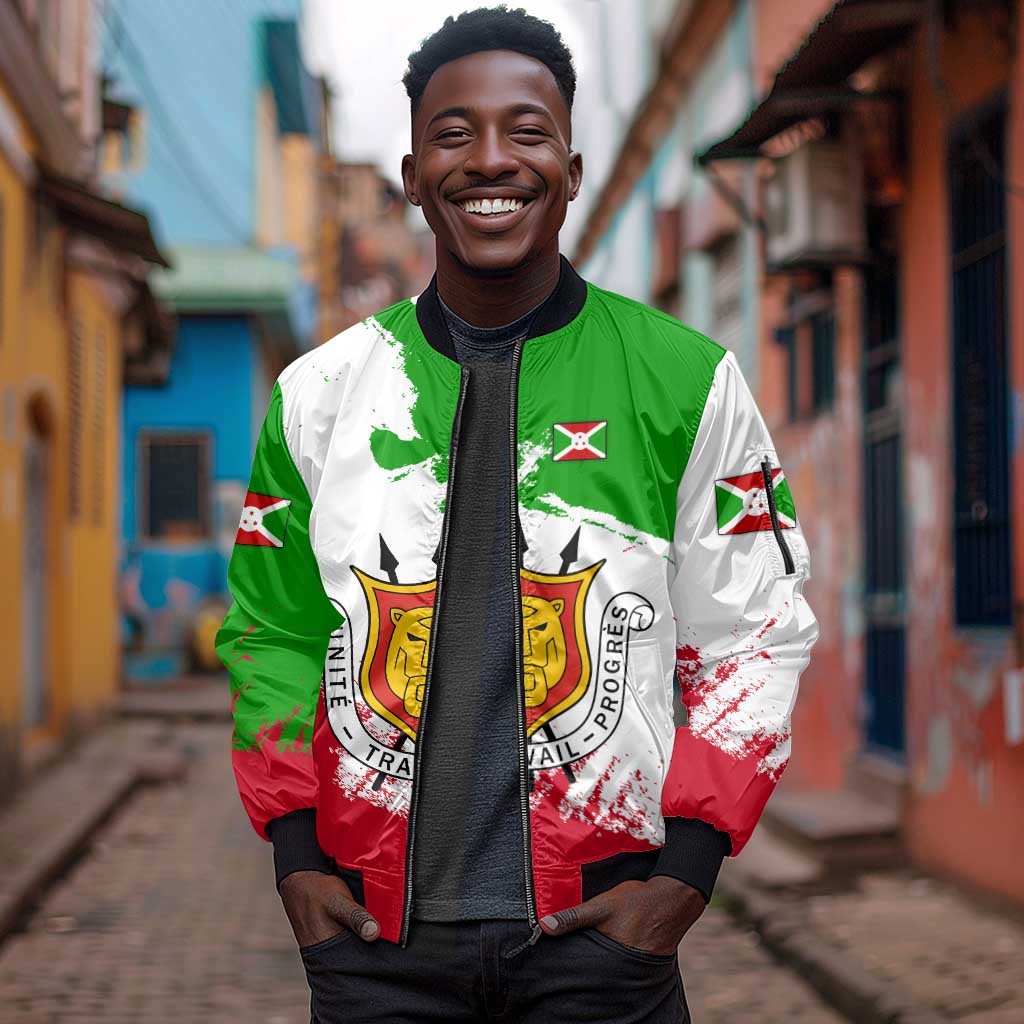 Burundi Flag Sleeve Zip Bomber Jacket with National Emblem and Motto Unité Travail Progres