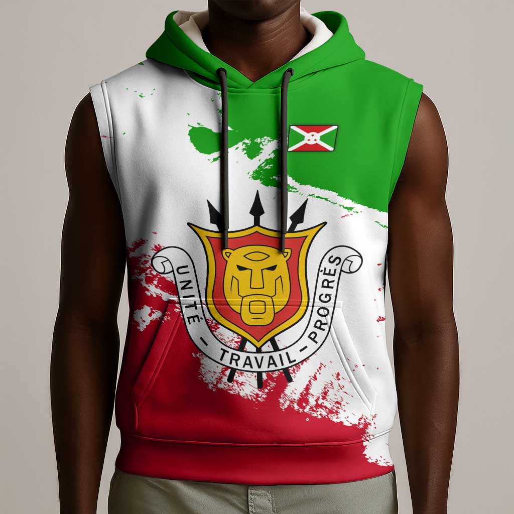 Burundi Flag Sleeveless Hoodie with National Emblem and Motto Unité Travail Progres - African Pride