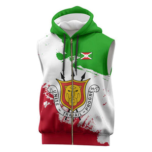 Burundi Flag Sleeveless Zip Hoodie with National Emblem and Motto Unité Travail Progres - African Pride