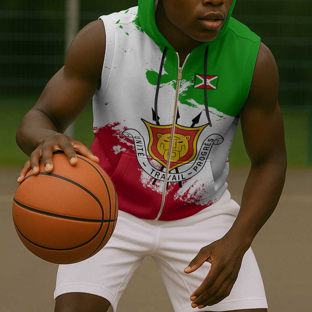 Burundi Flag Sleeveless Zip Hoodie with National Emblem and Motto Unité Travail Progres - African Pride