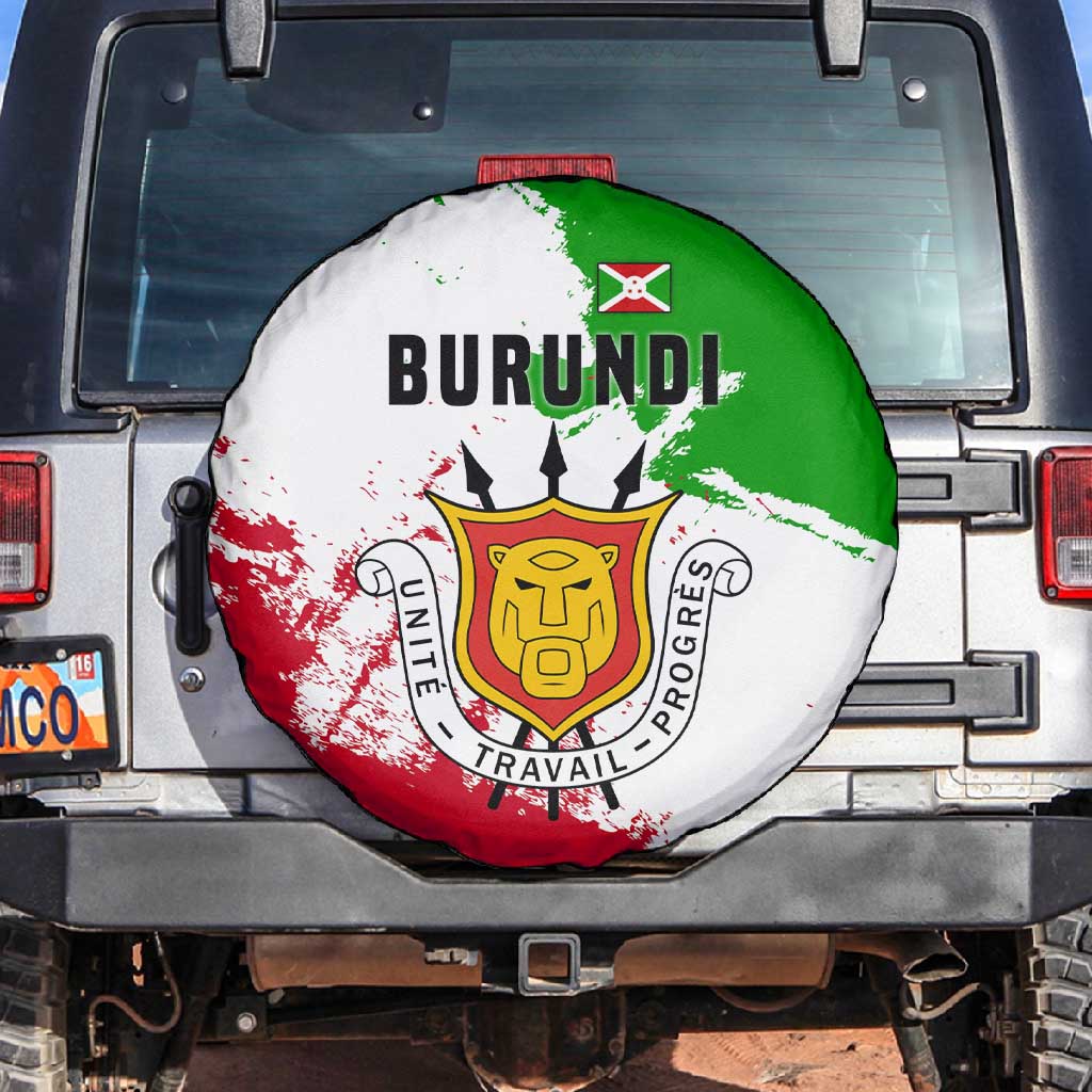 Burundi Flag Spare Tire Cover with National Emblem and Motto Unité Travail Progres