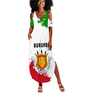 Burundi Flag Summer Maxi Dress with National Emblem and Motto Unité Travail Progres