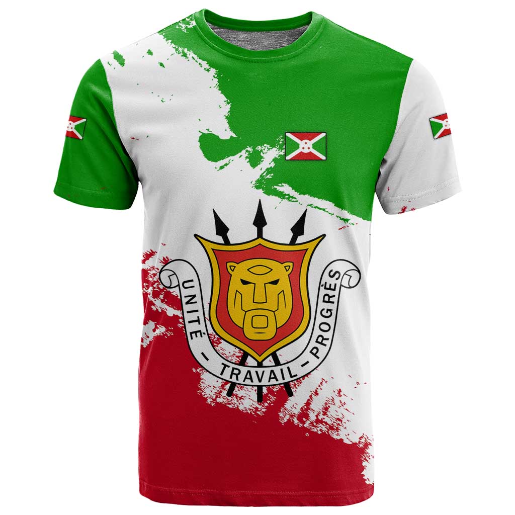 Burundi Flag T shirt with National Emblem and Motto Unité Travail Progres