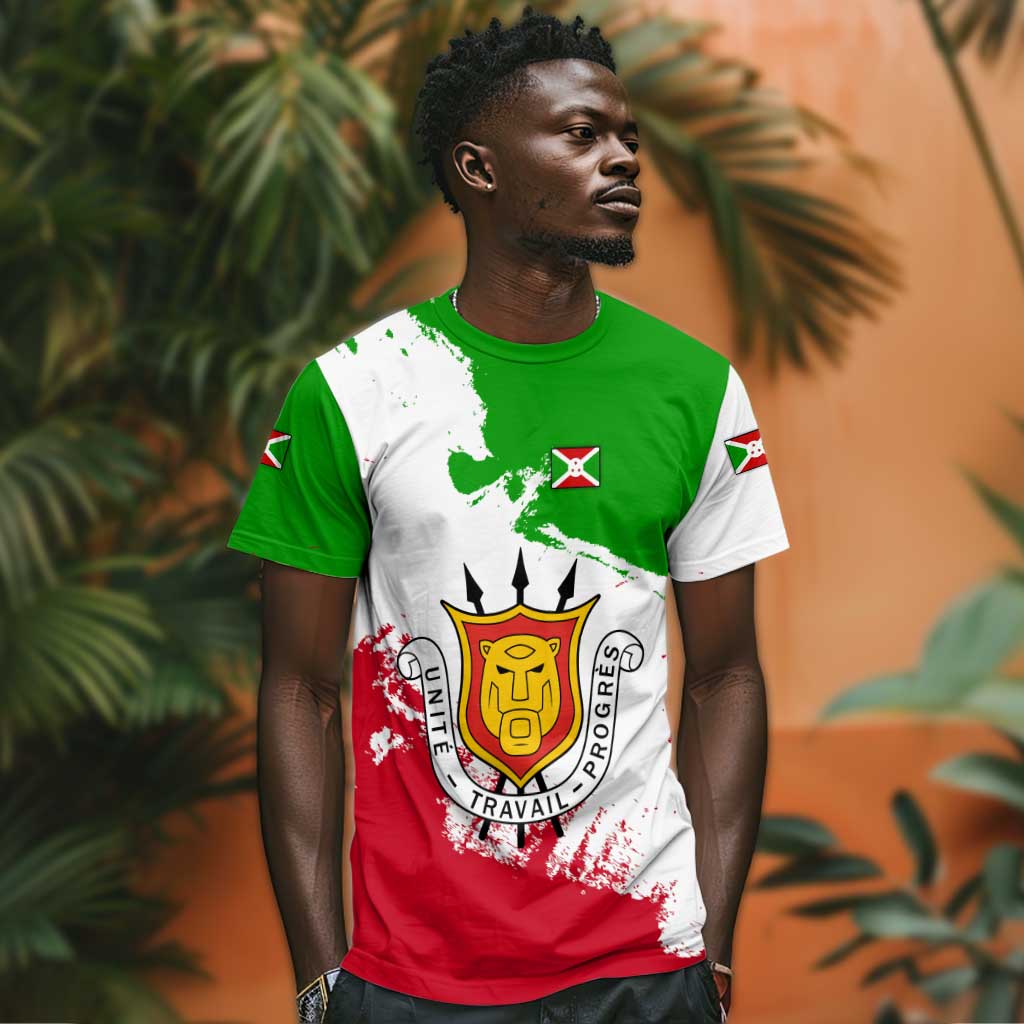 Burundi Flag T shirt with National Emblem and Motto Unité Travail Progres
