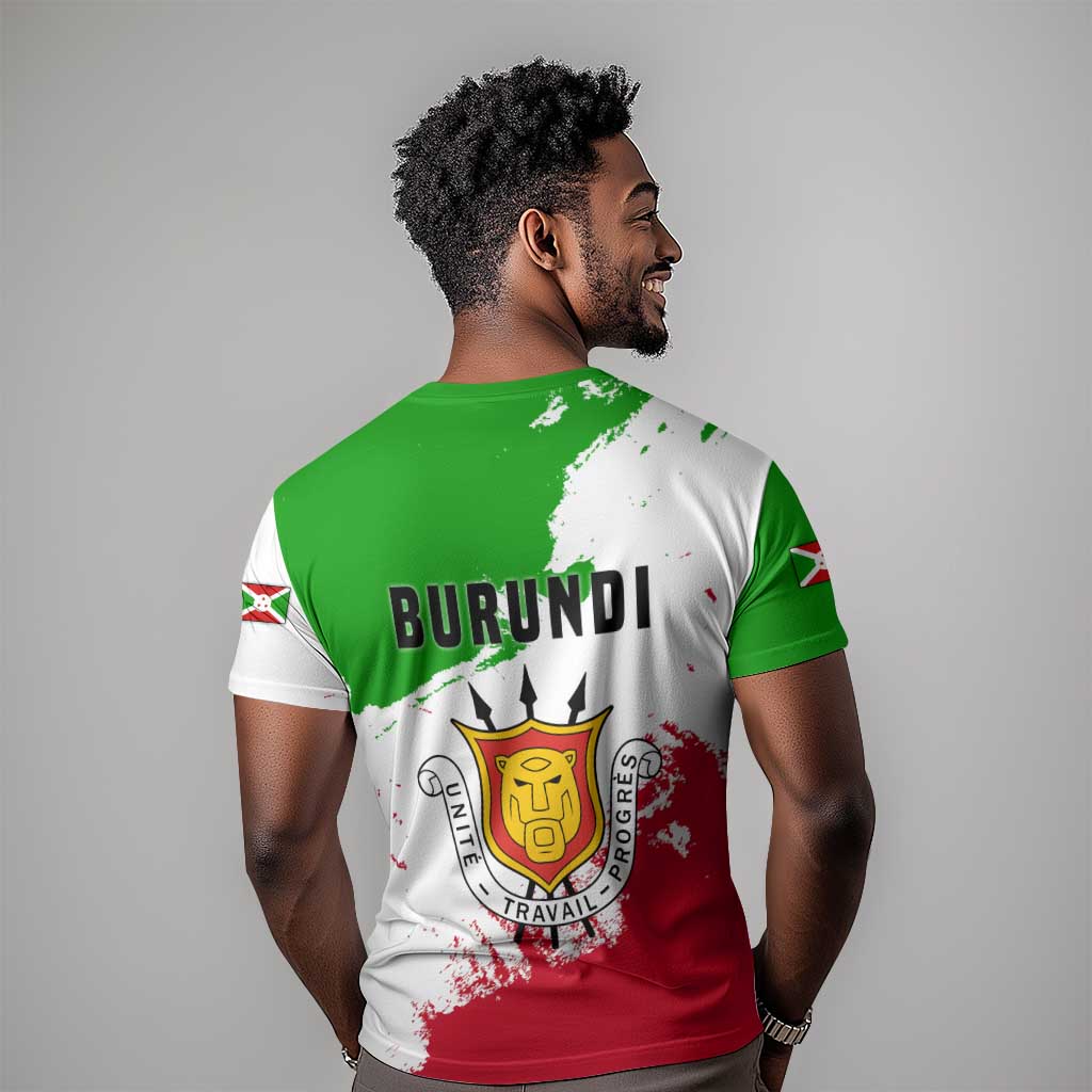 Burundi Flag T shirt with National Emblem and Motto Unité Travail Progres