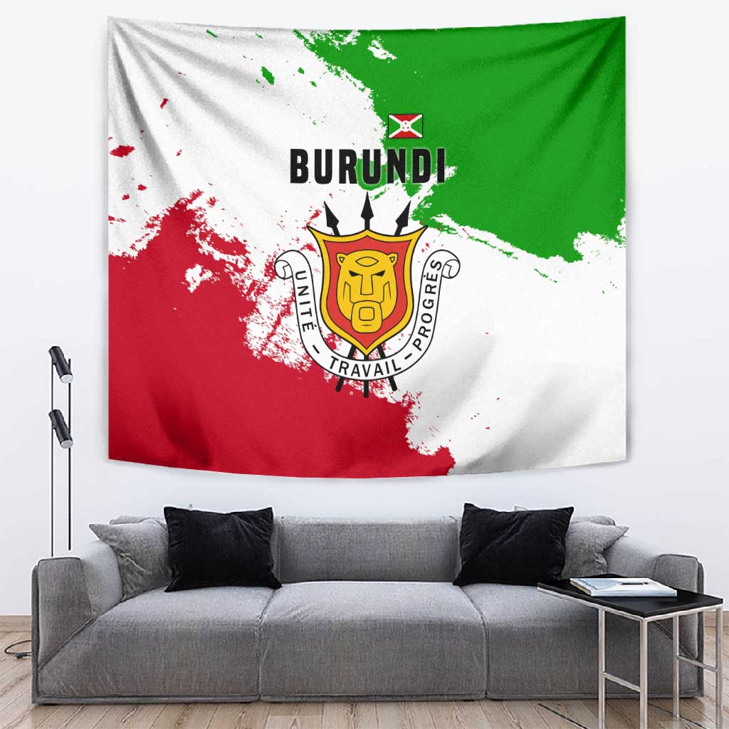 Burundi Flag Tapestry with National Emblem and Motto Unité Travail Progres