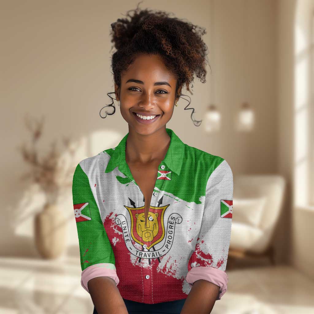 Burundi Flag Women Casual Shirt with National Emblem and Motto Unité Travail Progres