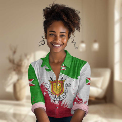 Burundi Flag Women Casual Shirt with National Emblem and Motto Unité Travail Progres
