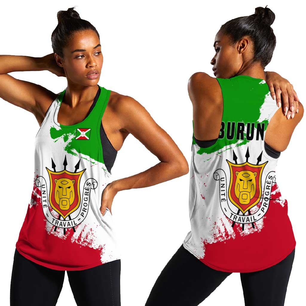 Burundi Flag Women Racerback Tank with National Emblem and Motto Unité Travail Progres