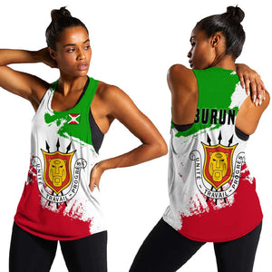 Burundi Flag Women Racerback Tank with National Emblem and Motto Unité Travail Progres