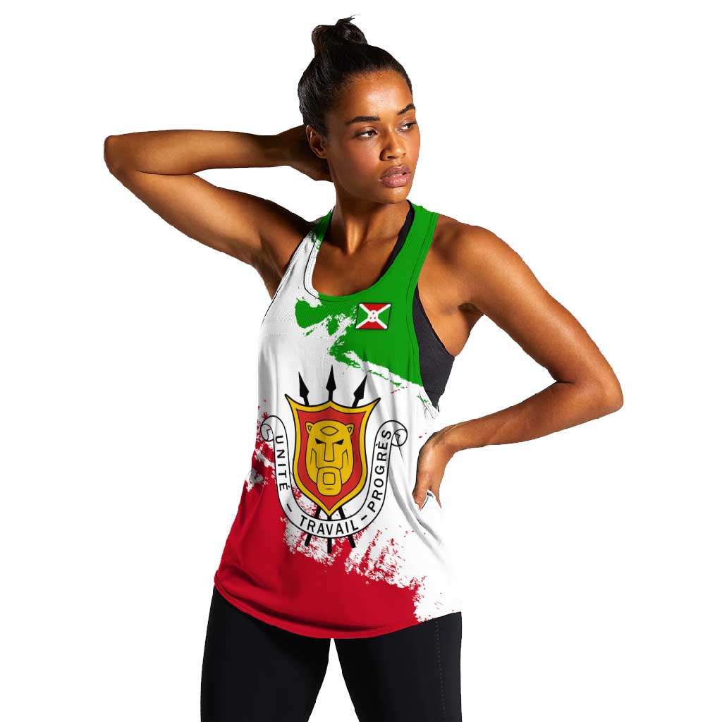 Burundi Flag Women Racerback Tank with National Emblem and Motto Unité Travail Progres