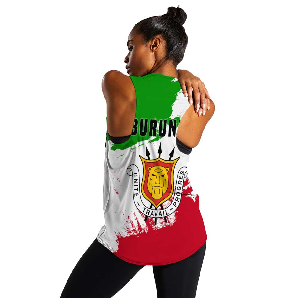 Burundi Flag Women Racerback Tank with National Emblem and Motto Unité Travail Progres