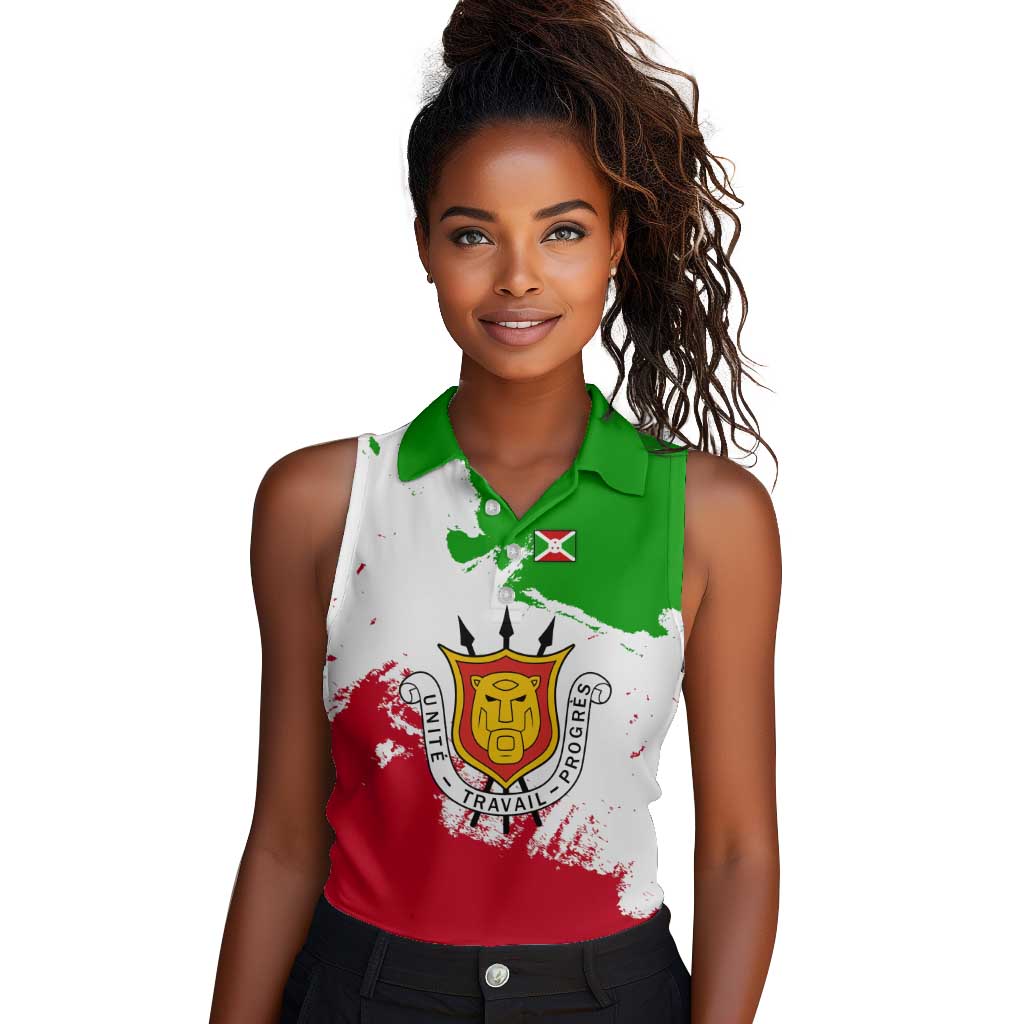 Burundi Flag Women Sleeveless Polo Shirt with National Emblem and Motto Unité Travail Progres
