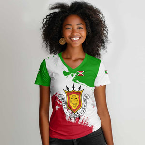 Burundi Flag Women V-Neck T-Shirt with National Emblem and Motto Unité Travail Progres