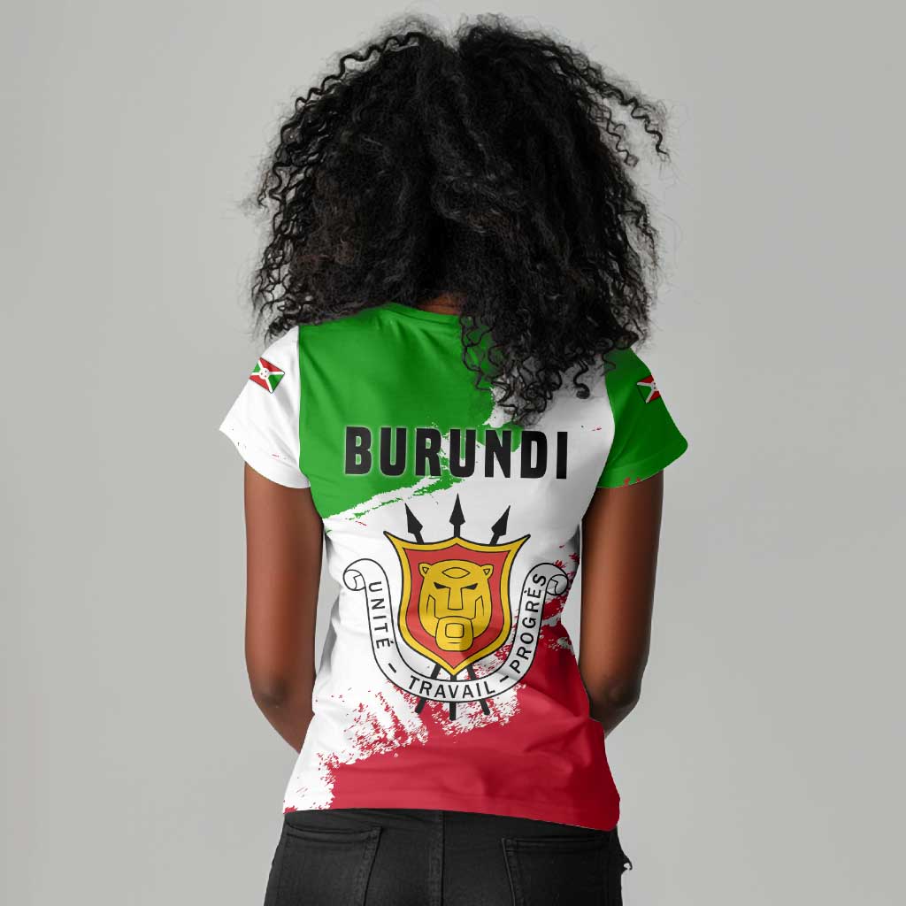 Burundi Flag Women V-Neck T-Shirt with National Emblem and Motto Unité Travail Progres