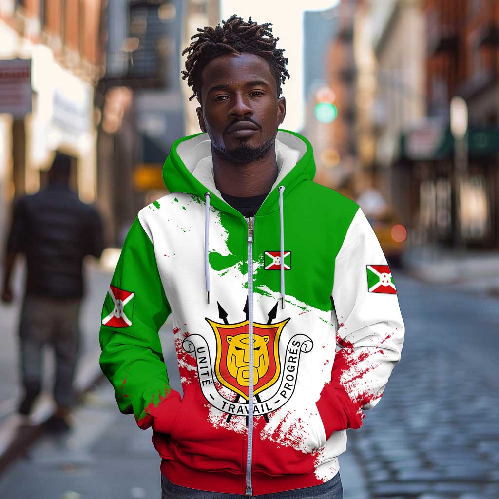 Burundi Flag Zip Hoodie with National Emblem and Motto Unité Travail Progres