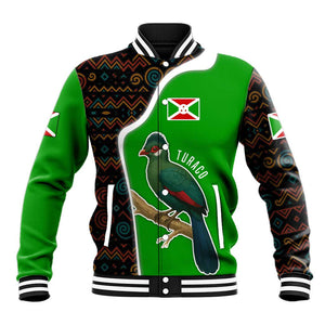 Burundi Turaco Baseball Jacket with National Bird and Flag Pattern