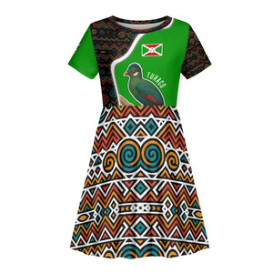 Burundi Turaco Kid Short Sleeve Dress with National Bird and Flag Pattern