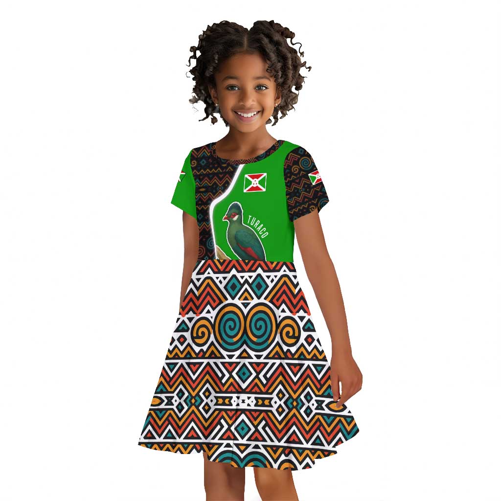Burundi Turaco Kid Short Sleeve Dress with National Bird and Flag Pattern