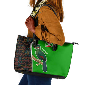 Burundi Turaco Leather Tote Bag with National Bird and Flag Pattern
