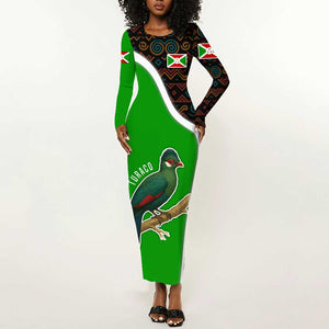 Burundi Turaco Long Sleeve Bodycon Dress with National Bird and Flag Pattern