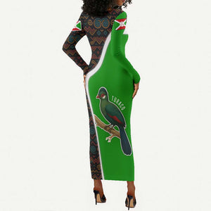 Burundi Turaco Long Sleeve Bodycon Dress with National Bird and Flag Pattern