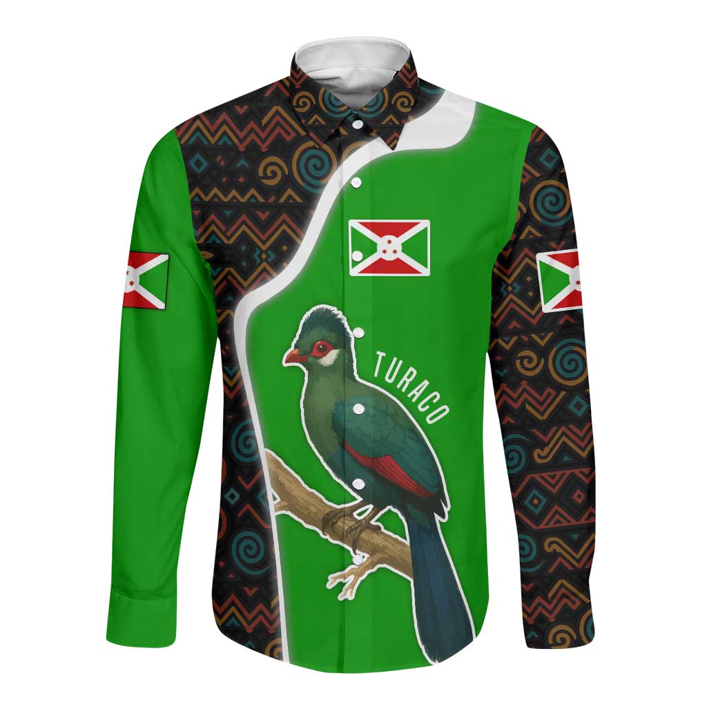 Burundi Turaco Long Sleeve Button Shirt with National Bird and Flag Pattern