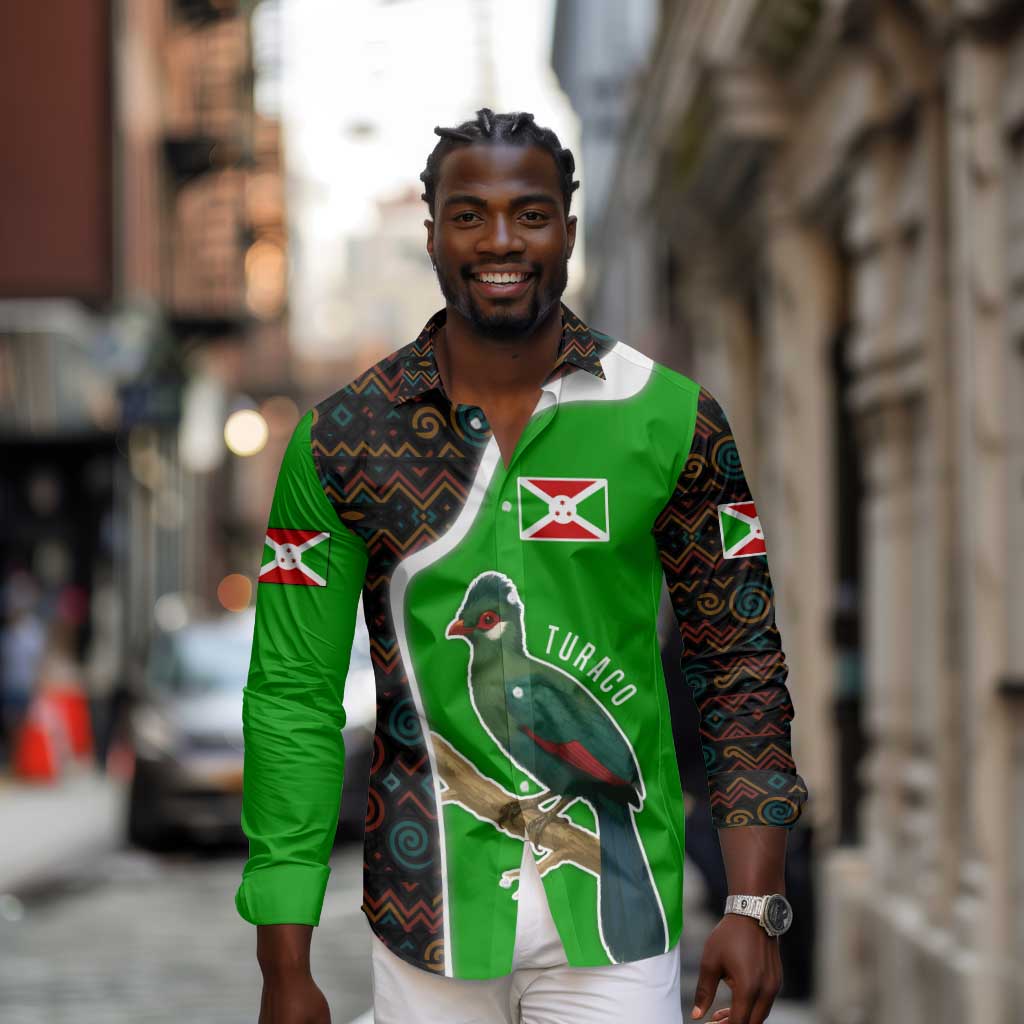 Burundi Turaco Long Sleeve Button Shirt with National Bird and Flag Pattern