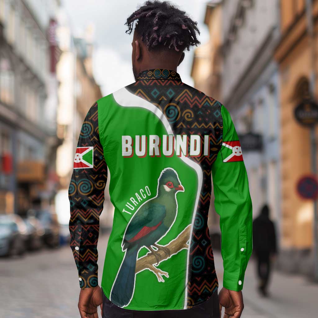Burundi Turaco Long Sleeve Button Shirt with National Bird and Flag Pattern