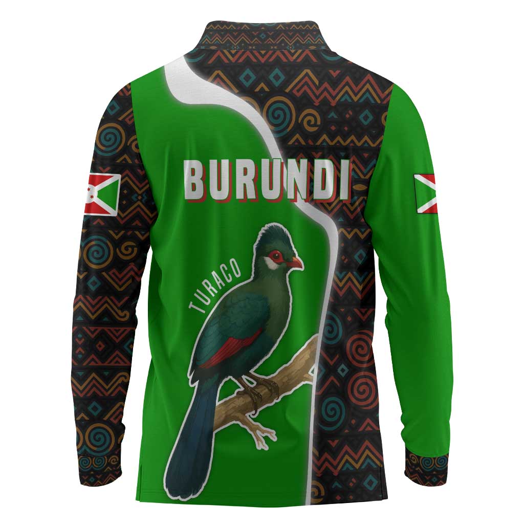 Burundi Turaco Long Sleeve Polo Shirt with National Bird and Flag Pattern