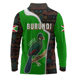 Burundi Turaco Long Sleeve Polo Shirt with National Bird and Flag Pattern