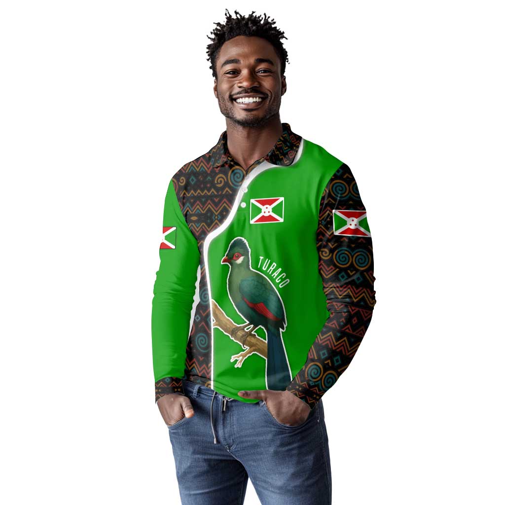 Burundi Turaco Long Sleeve Polo Shirt with National Bird and Flag Pattern