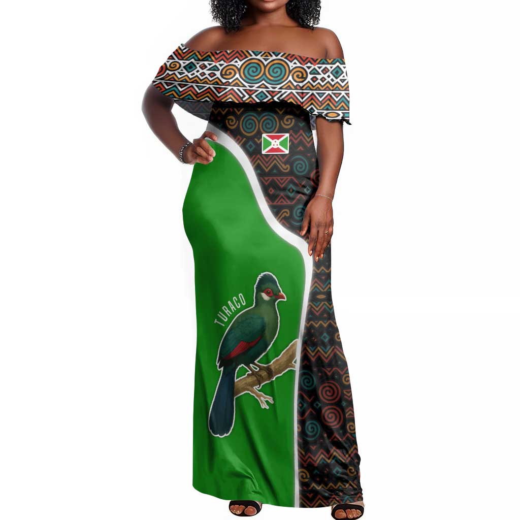 Burundi Turaco Off Shoulder Maxi Dress with National Bird and Flag Pattern