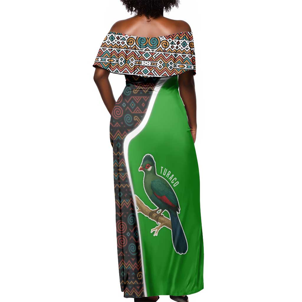 Burundi Turaco Off Shoulder Maxi Dress with National Bird and Flag Pattern