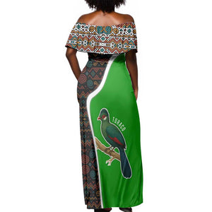 Burundi Turaco Off Shoulder Maxi Dress with National Bird and Flag Pattern