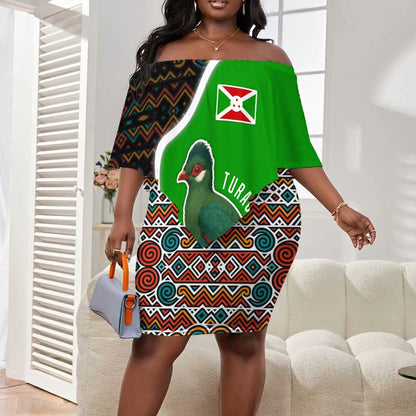 Burundi Turaco Off Shoulder Short Dress with National Bird and Flag Pattern