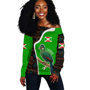 Burundi Turaco Off Shoulder Sweater with National Bird and Flag Pattern