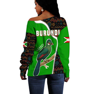 Burundi Turaco Off Shoulder Sweater with National Bird and Flag Pattern