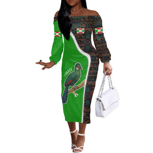 Burundi Turaco Off The Shoulder Long Sleeve Dress with National Bird and Flag Pattern