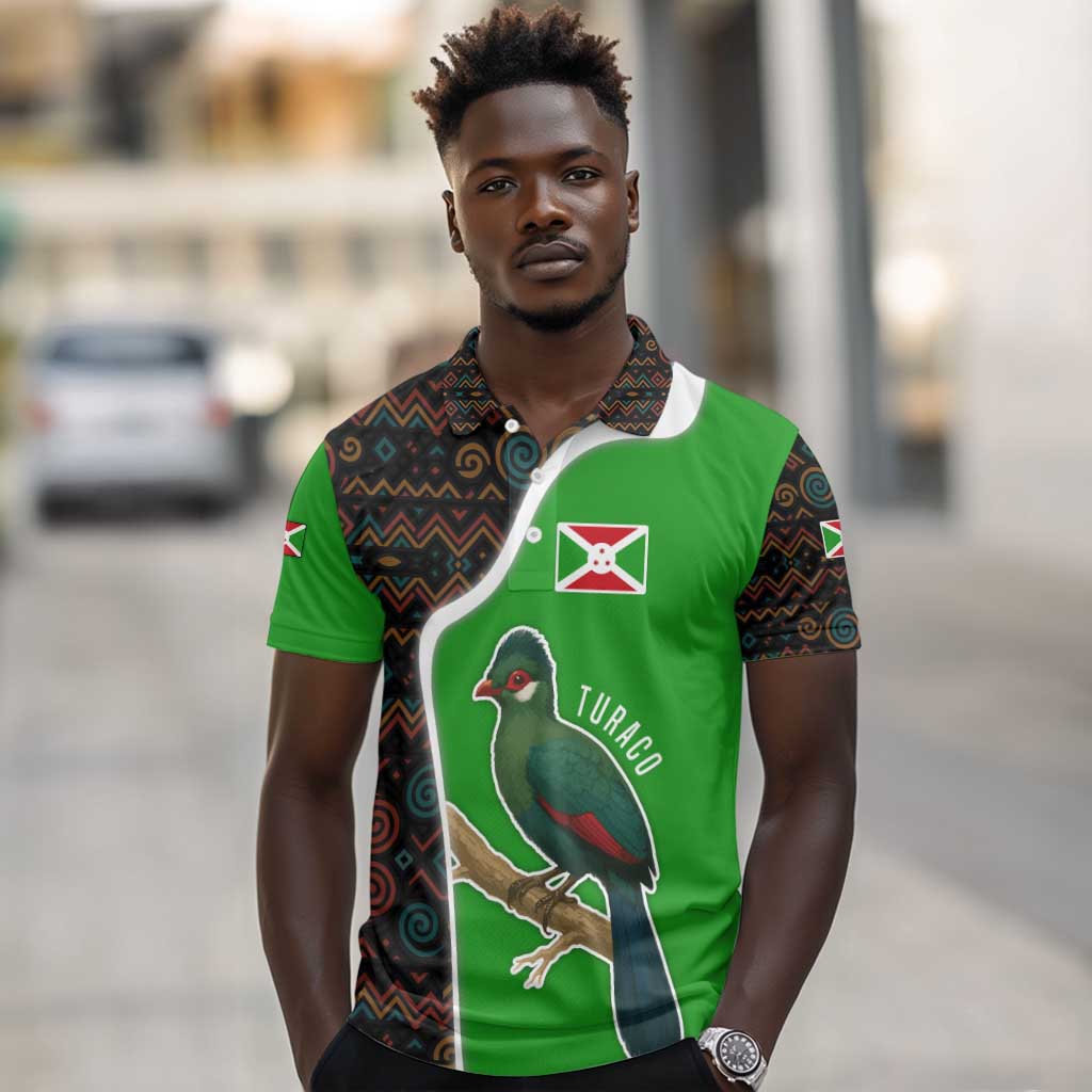 Burundi Turaco Polo Shirt with National Bird and Flag Pattern
