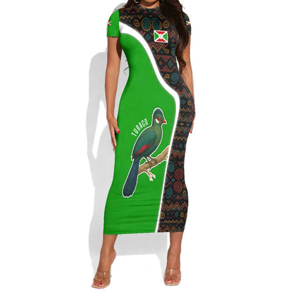Burundi Turaco Short Sleeve Bodycon Dress with National Bird and Flag Pattern