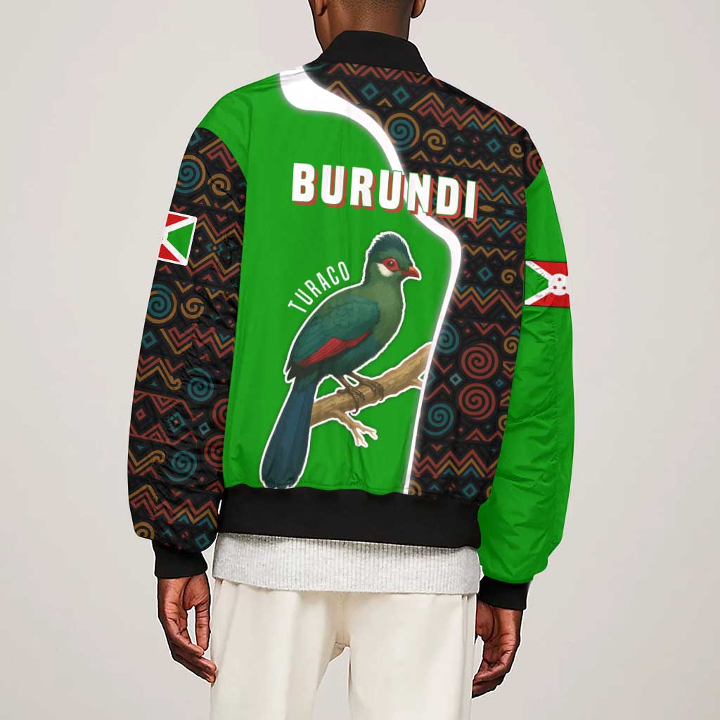 Burundi Turaco Sleeve Zip Bomber Jacket with National Bird and Flag Pattern