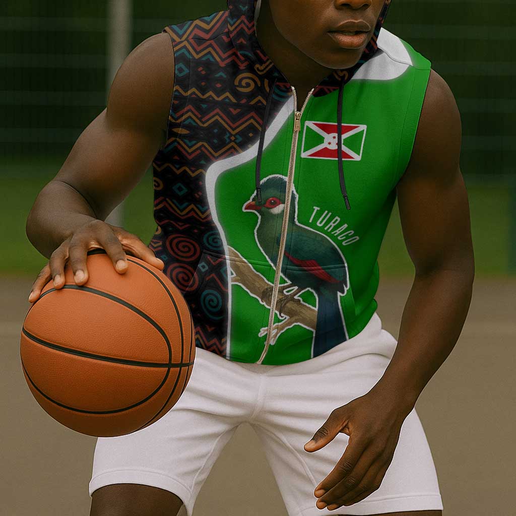 Burundi Turaco Sleeveless Zip Hoodie with National Bird and Flag Pattern - African Pride