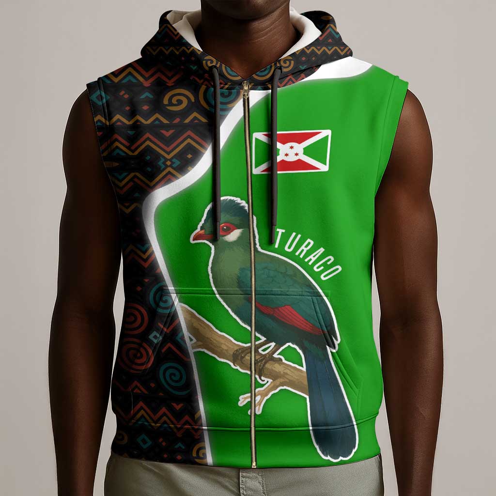 Burundi Turaco Sleeveless Zip Hoodie with National Bird and Flag Pattern - African Pride