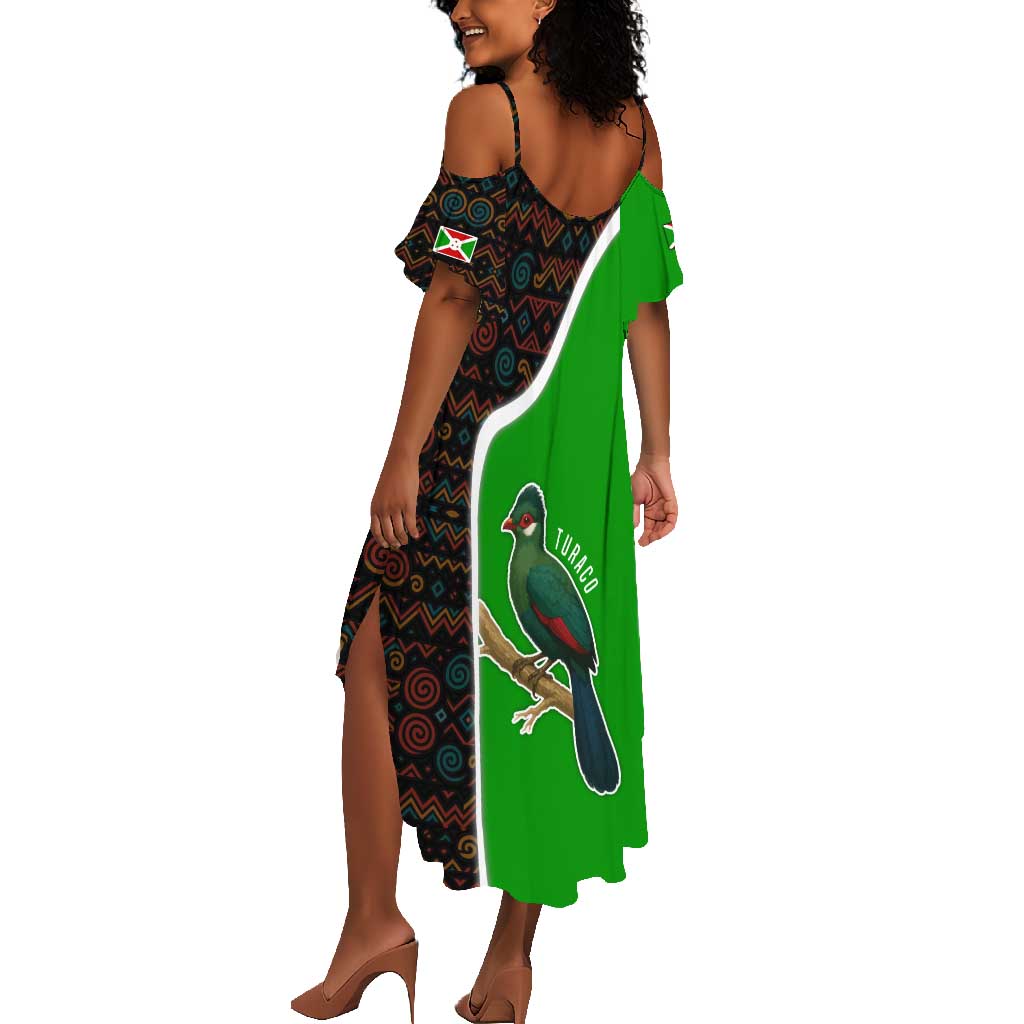 Burundi Turaco Summer Maxi Dress with National Bird and Flag Pattern