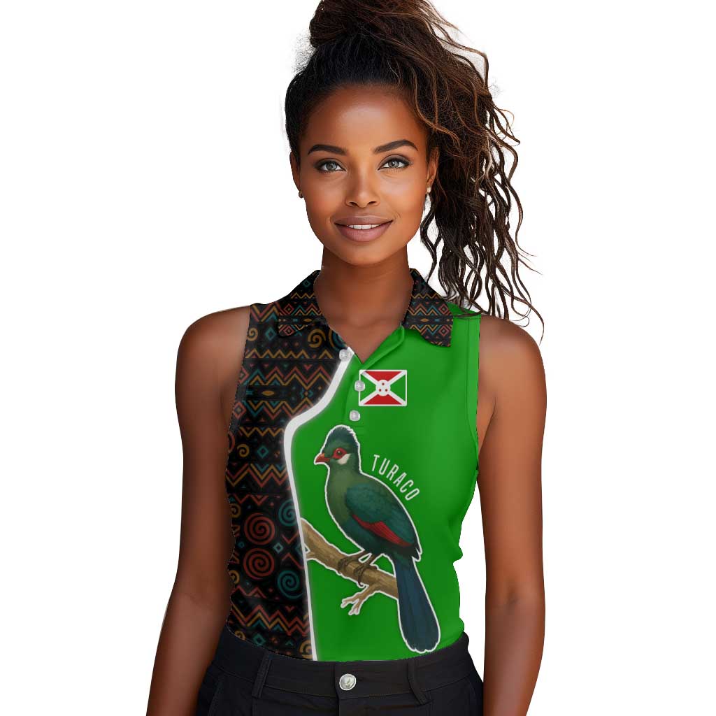 Burundi Turaco Women Sleeveless Polo Shirt with National Bird and Flag Pattern