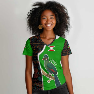Burundi Turaco Women V-Neck T-Shirt with National Bird and Flag Pattern