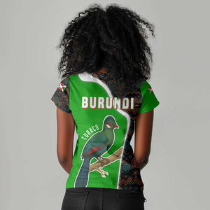 Burundi Turaco Women V-Neck T-Shirt with National Bird and Flag Pattern